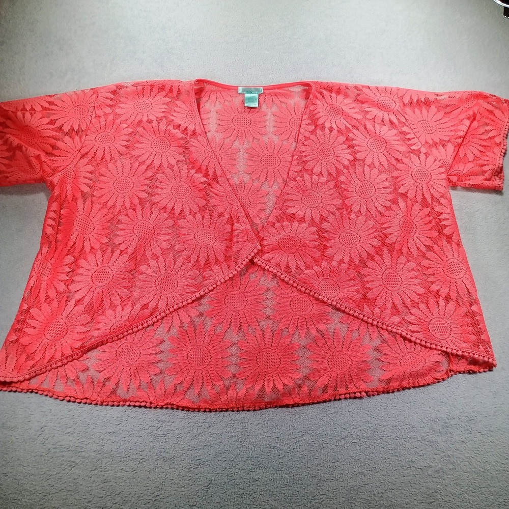 Sweet Rain Womens Floral Lace Shrug Coral Large Pom Pom Trim Cardigan
